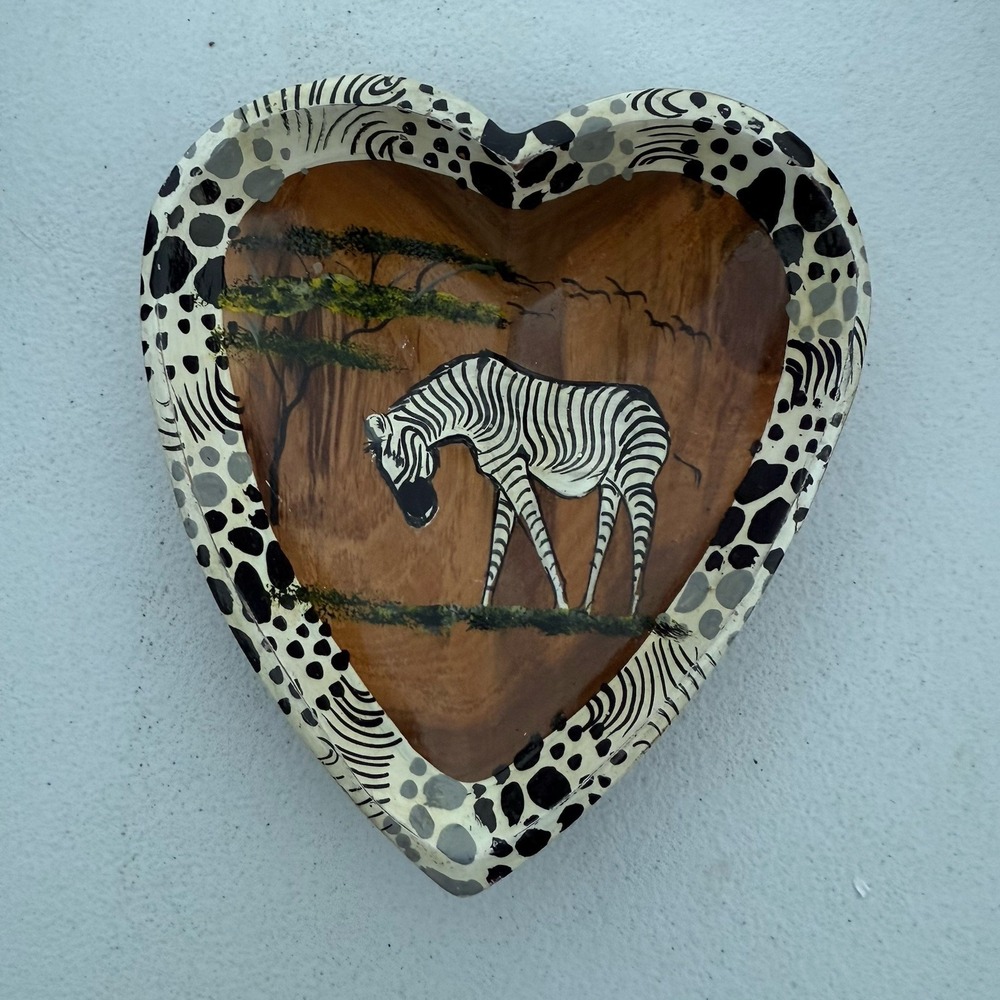 Folk Art Heart Shaped Wooden Heart Trinket Dish‎ Zebra Painted Animal Print